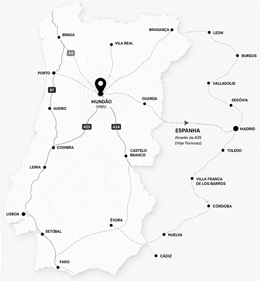Mapa da Península Ibérica com localização de Mundão, Viseu